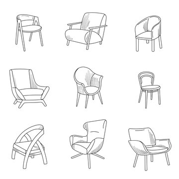Set of modern design armchairs. Vector sketch. Interior design.
