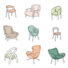 Set of modern design armchairs. Vector sketch. Interior design.