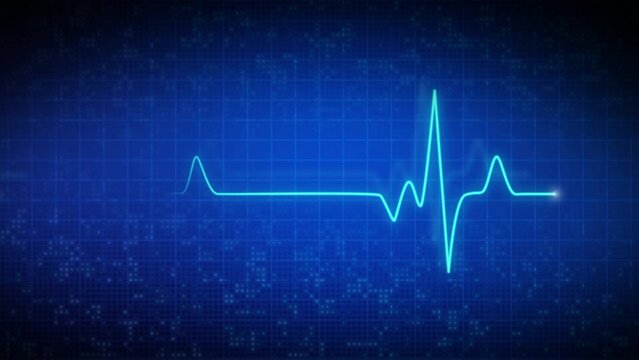 Animation electrocardiogram heartbeat. Display on monitor pulse line. Medical screen with animated looped blue background with grid.