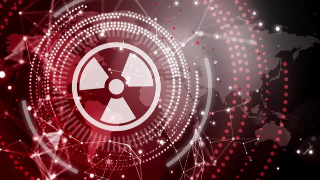 Red warning abstract background with nuclear danger icon. Looped animation of motion dots in circle with world map.