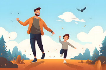 father with son having fun spending happy outdoor quality family time together on father's day illustration