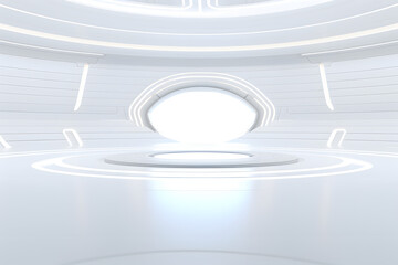 Bright white futuristic room with a centered illuminated platform