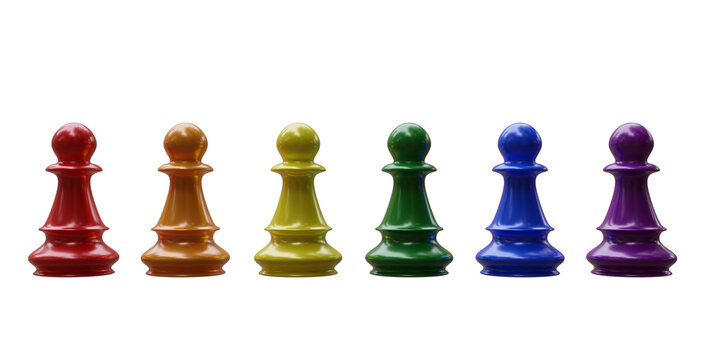 Chess pieces rainbow color isolated on transparent background, PNG. Colorful chess pawns in a row