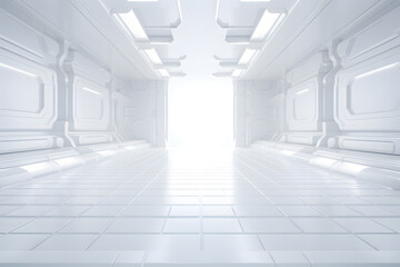 White futuristic corridor leading to a bright opening