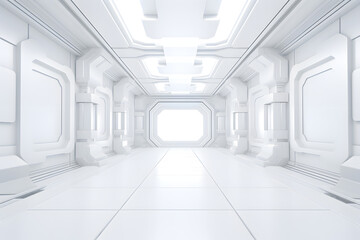 White futuristic corridor with structured walls leading to a distant exit - obrazy, fototapety, plakaty