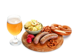 Glass of cold beer and different snacks on white background. Oktoberfest celebration