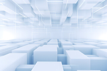 Fototapeta premium Futuristic white room with interconnected blocks and beams