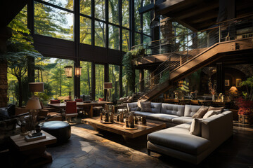 Modern and stylish interior design of a living room with a touch of luxury and elegance. Created with generative AI technology.