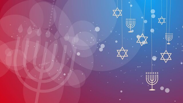 Jewish religious symbols menorah and star of david. Symbols of Judaism on blue and red abstract background. Looped video.