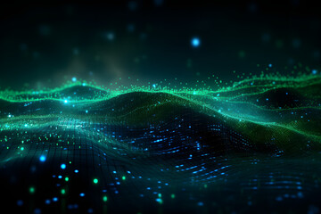 Waves of luminous digital particles flow across a deep cybernetic space