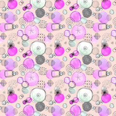 Trendy memphis watercolor magenta balls and black stains. Hand painted on pink background. Minimal geometric design template. Modern color wallpaper print backdrop. Light effect poster design.
