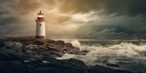 Obraz premium AI Generated. AI Generative. Nautical marine navy landscape with lighthouse on rock coast line with huge waves. Sea adventures explore. Graphic Art