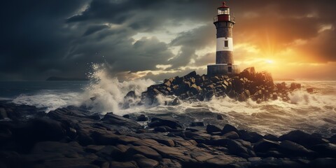 AI Generated. AI Generative. Nautical marine navy landscape with lighthouse on rock coast line with huge waves. Sea adventures explore. Graphic Art