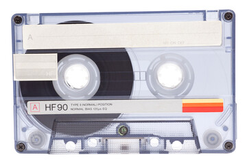 Audio cassette tape side A, isolated on white background, vintage 80's music concept.