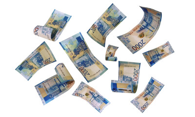 Isolated Russian Banknotes. Russian Money. Flying Money.  Two thousand rubles.