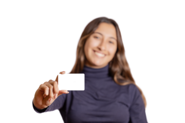 Defocused latina girl showing a blank card isolated on white background.