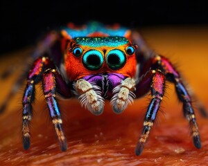 A photorealistic image of a super macro shot of Peacock spider,  macro lens, emphasizing the detail and realism of image. Generative AI