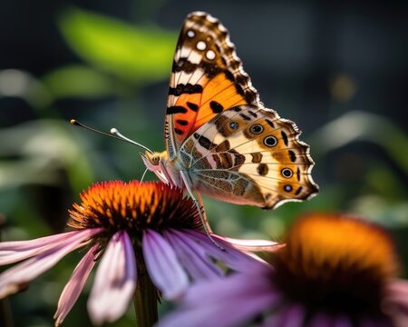 A photorealistic image of a super macro shot of Painted lady butterfly,  macro lens, emphasizing the detail and realism of image. Generative AI