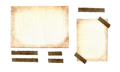 Fototapeta premium A set for decorating your background. Notebook sheets, hand-aged, decorative tape, strips of paper. Aged sheets of paper isolated on a white background. Photo album, scrapbooking, your memories.