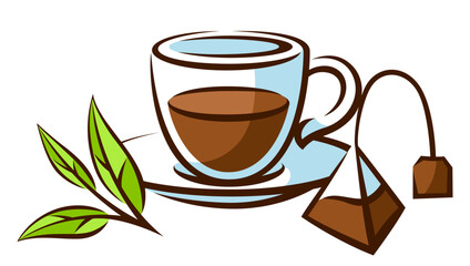 Cup and bag with black tea. Illustration of traditional drink.