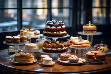 cake display with a variety of pastries