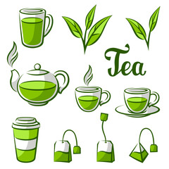 Green tea items set. Illustration with tea and accessories, packs and kettles.