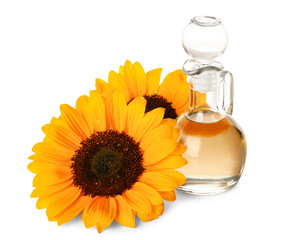 Decanter with sunflower oil on white background