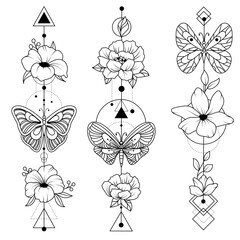 Set of arrows with flowers, branches with leaves, feather arrow, simple doodle drawing, gravure style. Butterfly flutters. Tattoo all over the body. Coloring book.