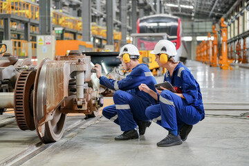 Engineers inspecting locomotive in railway engineering facility