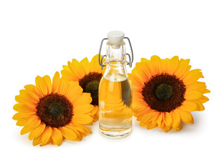 Bottle of sunflower oil on white background