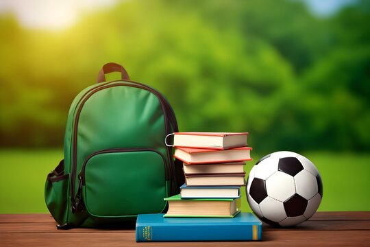 Back to school. Green backpack with books and ball on nature background. copy space