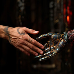 A human hand and a robotic hand reaching out to each other, Generative AI
