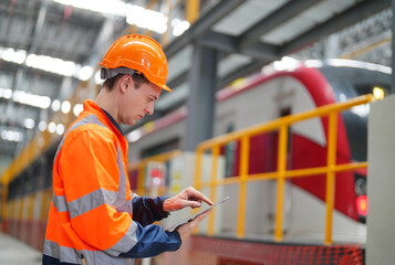 Engineers inspecting locomotive in railway engineering facility