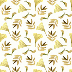 Fototapeta na wymiar Yellow leaves, maple and ginkgo seeds, golden twigs, autumn pattern. Watercolor, seamless pattern illustration on a white background.