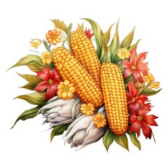 A pile of Corn and their flowers and leaves. Generative AI