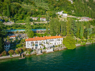 Aerial panoramic view of touristic villa Monastero located in Varenna resort, on the shore of lake...