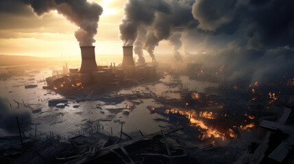 AI generated  view of nuclear power plant , Pollution of the environment, Global catastrophe