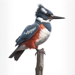 Fototapeta premium Belted kingfisher bird isolated on white. Generative AI