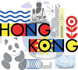 Typography word “Hong Kong” branding technology concept. Collection of flat vector web icons. Chines culture travel set, famous architectures and specialties detailed silhouette. Asian famous landmark