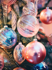 Light pink and blue glass Christmas ornaments hanging on a tree