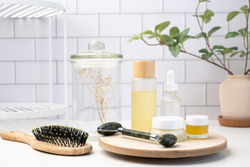 Healthcare, and personal care product in the bathroom. Cosmetics and skin care concept..