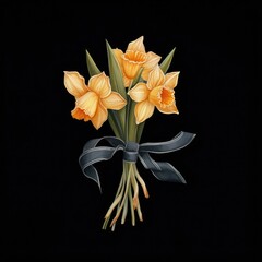 Daffodil Bouquet Flowers on a Black Background. Generative ai