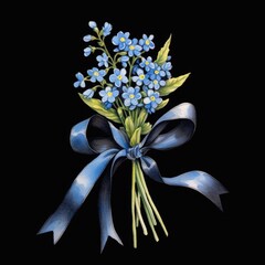 Forget-me-not Bouquet Flowers on a Black Background. Generative