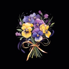 Pansy Bouquet Flowers on a Black Background. Generative ai