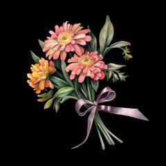 Zinnia Bouquet Flowers on a Black Background. Generative ai