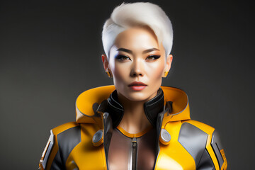 A beautiful Japanese woman with platinum hair and a silver jacket with yellow accents in a studio. Generative AI_3.
