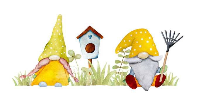 Garden dwarfs with tool and bird house watercolor cartoon painting for postcards. Cute gnomes aquarelle drawing