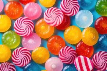 Photo of bright colored candy, shot top down. AI generated