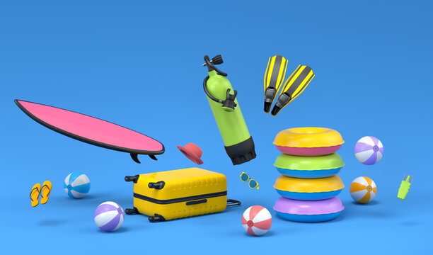 Colorful surfboard, beach rings and balls on blue background.