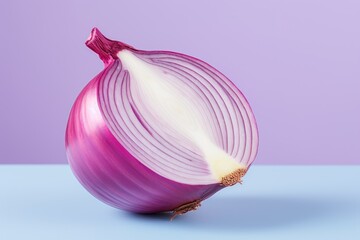 Sliced red onion on a pastel purple background. AI generated